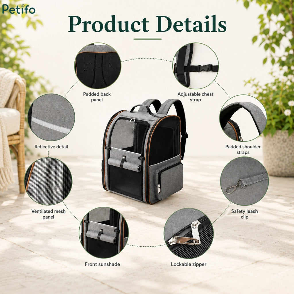Detailed product breakdown of the Petifo pet carrier highlighting its padded back panel, adjustable chest strap, padded shoulder straps, safety leash clip, lockable zipper, front sunshade, ventilated mesh panels, and reflective details.