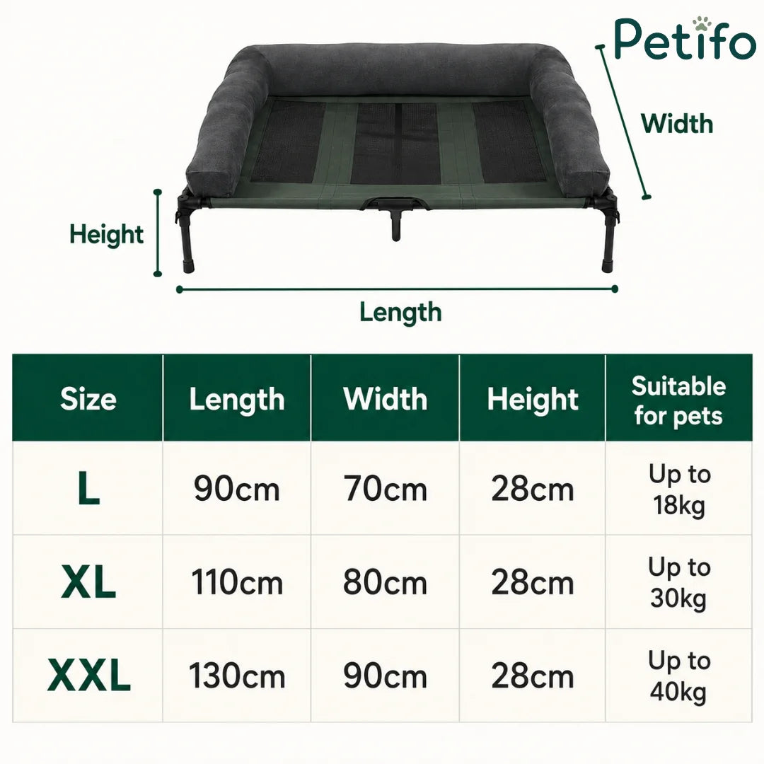 Detailed size chart for Petifo elevated dog beds, showing dimensions and weight capacities for L, XL, and XXL sizes.