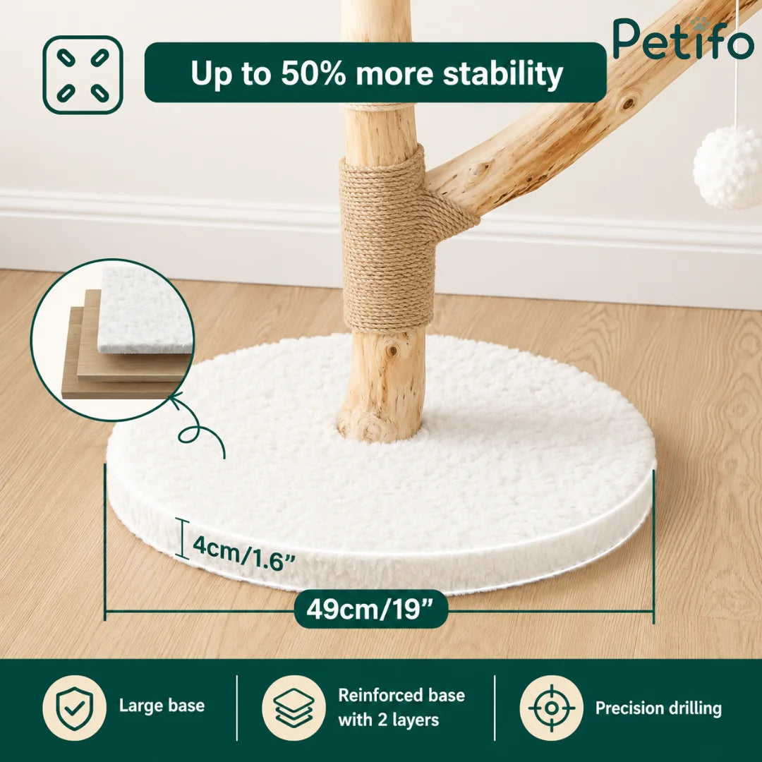 Detailed view highlighting the reinforced 49cm thick base that provides 50% more stability for the cat tree.