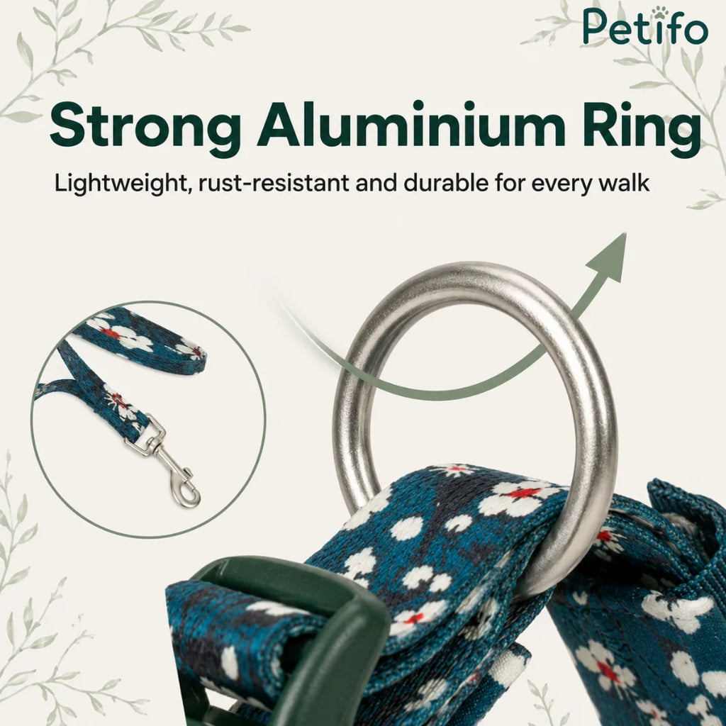 Detailed view of the strong, rust-resistant aluminum D-ring on a Petifo dog collar designed for durable everyday walks