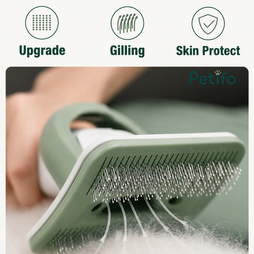 Detailed view of the Petifo grooming brush head featuring upgraded design, gilling capabilities, and skin-protecting bristles.
