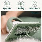 Detailed view of the Petifo grooming brush head featuring upgraded design, gilling capabilities, and skin-protecting bristles.