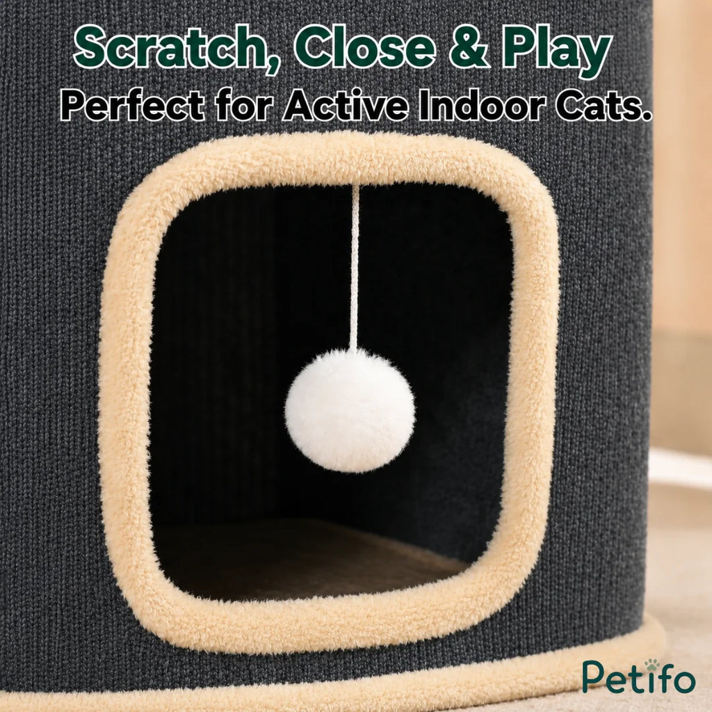 Detailed view of a hanging white plush toy ball inside the opening of the Petifo cat house, suitable for active cats.