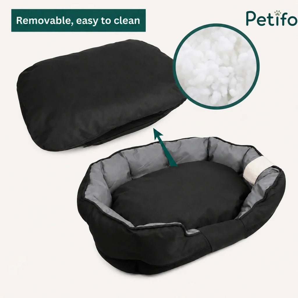 Detailed view of a removable pet bed cushion with easy-to-clean plush padding.