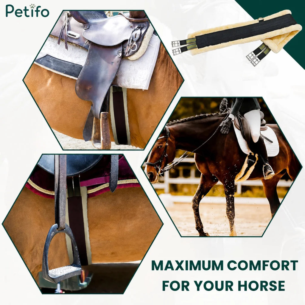 Detailed view of the comfortable, fleece-lined horse girth in use.