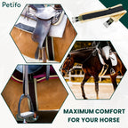 Detailed view of the comfortable, fleece-lined horse girth in use.