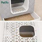 Detailed view of the Petifo litter box showing the integrated sifting step to reduce tracking and the pull-out tray.