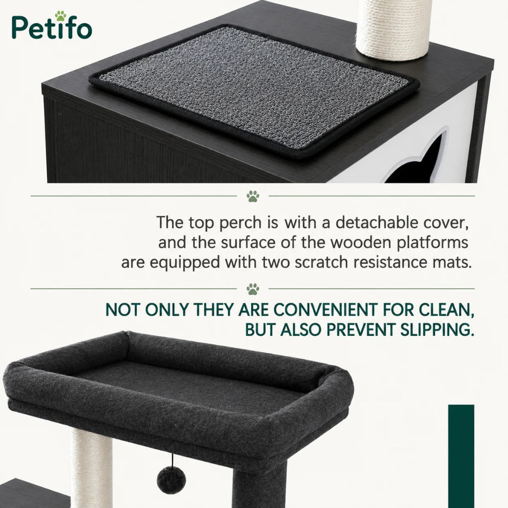 Detailed view of a Petifo cat tree showing a detachable top perch cover and scratch-resistant, non-slip mats on wooden platforms for added safety and easy cleaning.