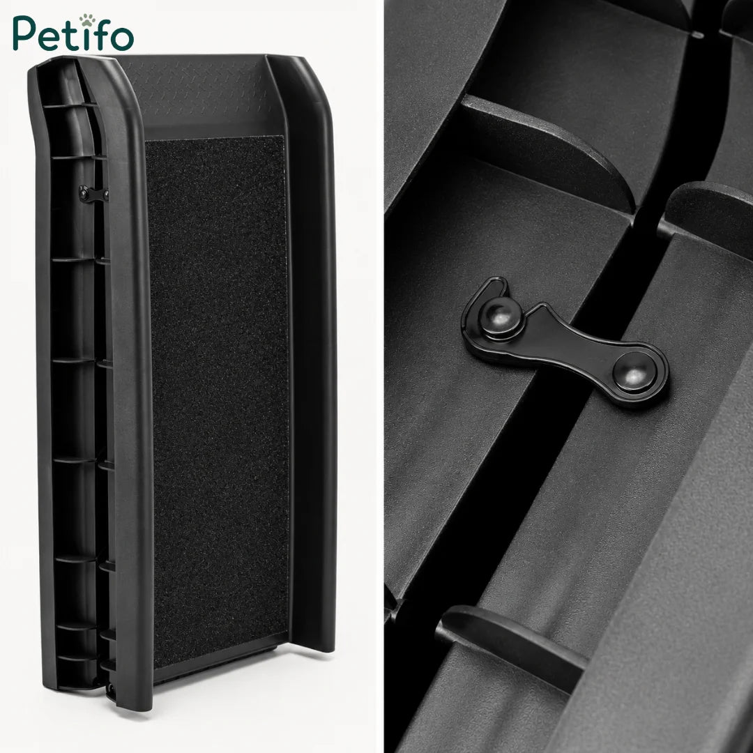 Detailed view of the heavy-duty hinge and integrated handle on the foldable pet car ramp.