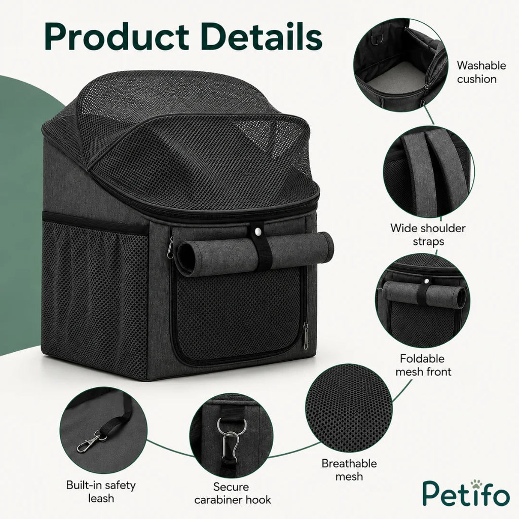 Detailed view of the Petifo pet bike basket highlighting features like a washable cushion, wide straps, and safety leash.