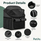 Detailed view of the Petifo pet bike basket highlighting features like a washable cushion, wide straps, and safety leash.