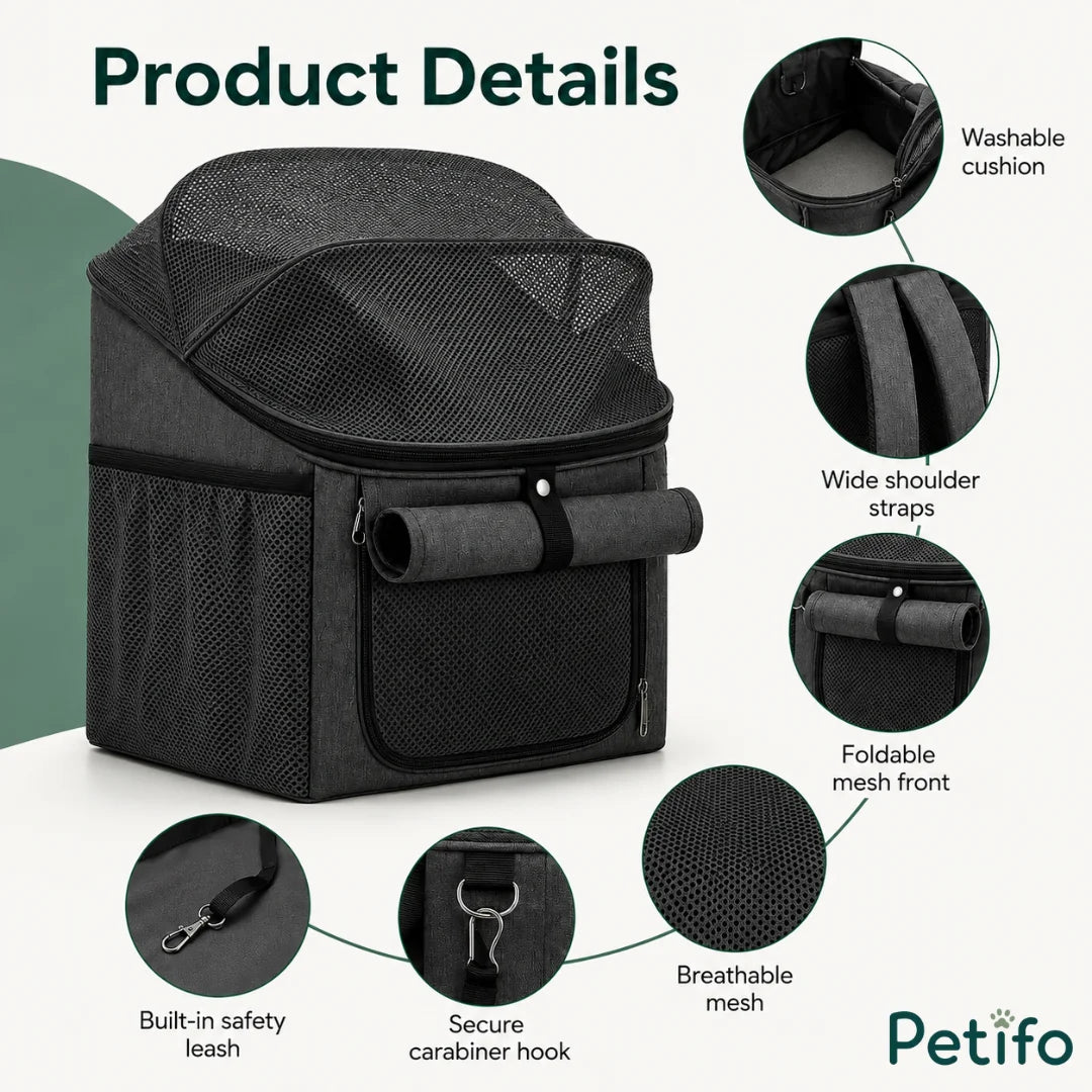Detailed view of the Petifo pet bike basket highlighting features like a washable cushion, wide straps, and safety leash.