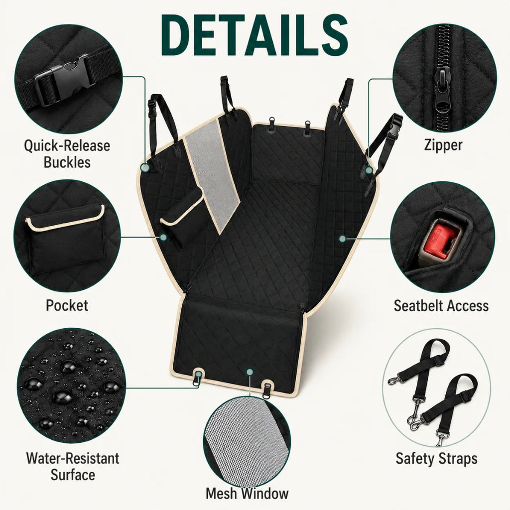 Detailed view of a black quilted dog car seat cover featuring quick-release buckle
