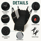 Detailed view of a black quilted dog car seat cover featuring quick-release buckle