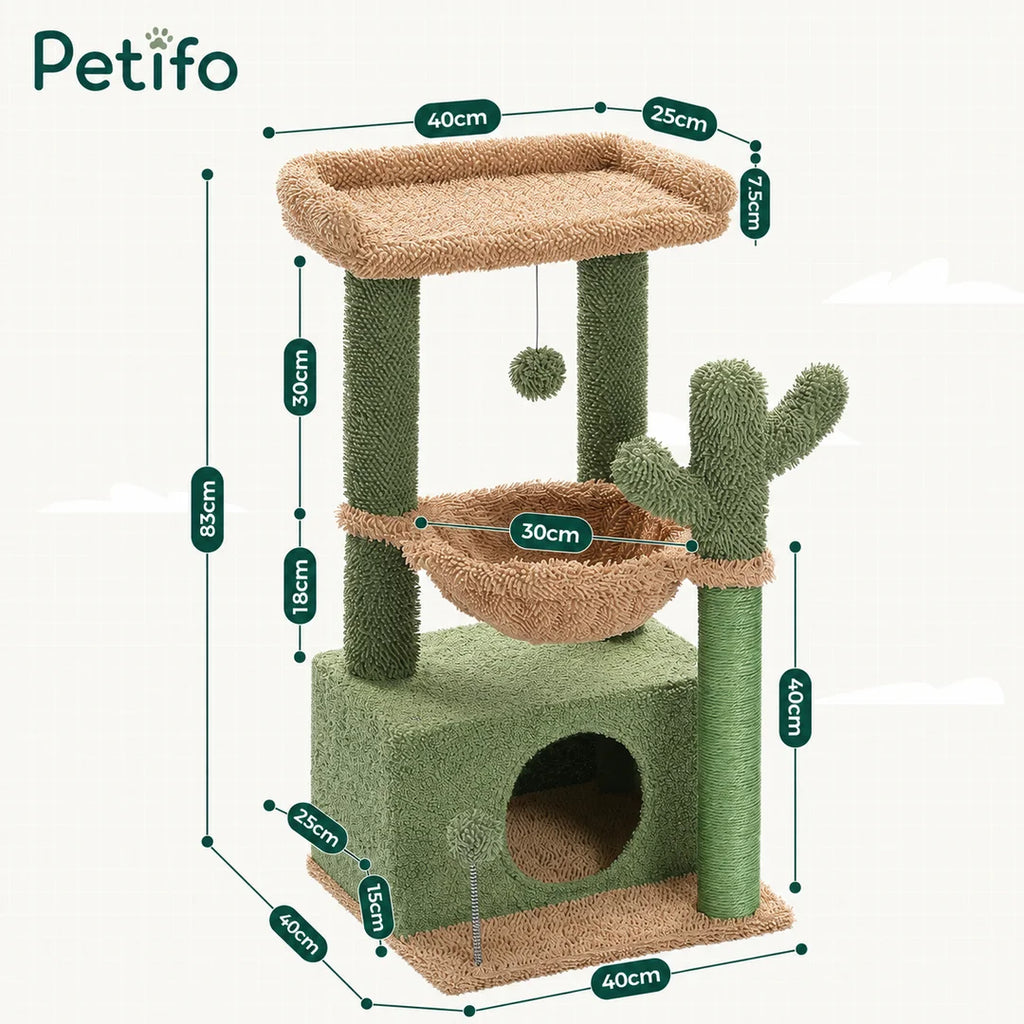 This comprehensive size chart for the Petifo cactus cat tree details the precise platform and base measurements in centimeters.