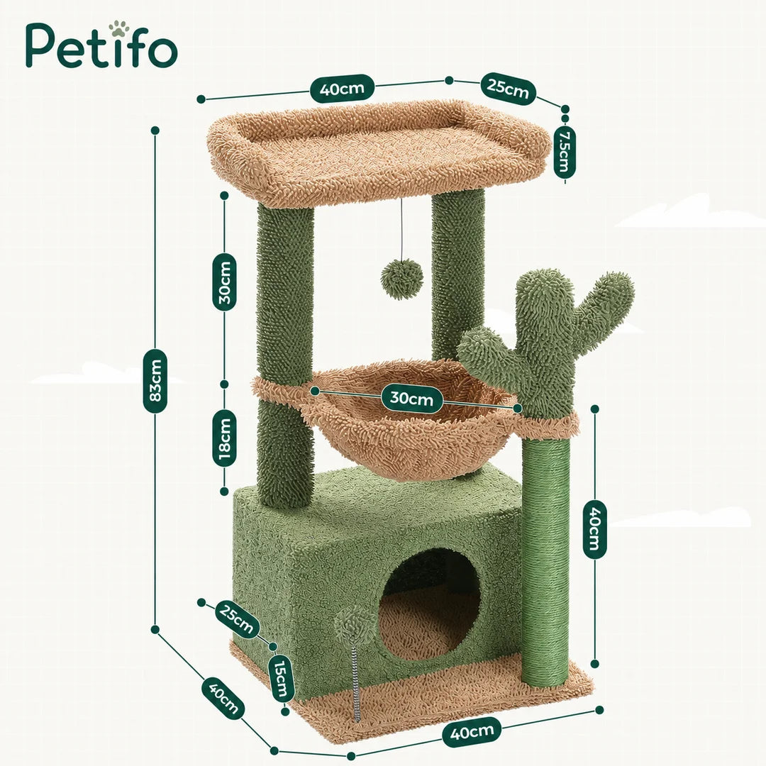 This comprehensive size chart for the Petifo cactus cat tree details the precise platform and base measurements in centimeters.