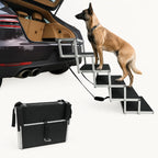 folding aluminum pet staircase attached to the trunk of an SUV, with a second unit shown folded for storage.