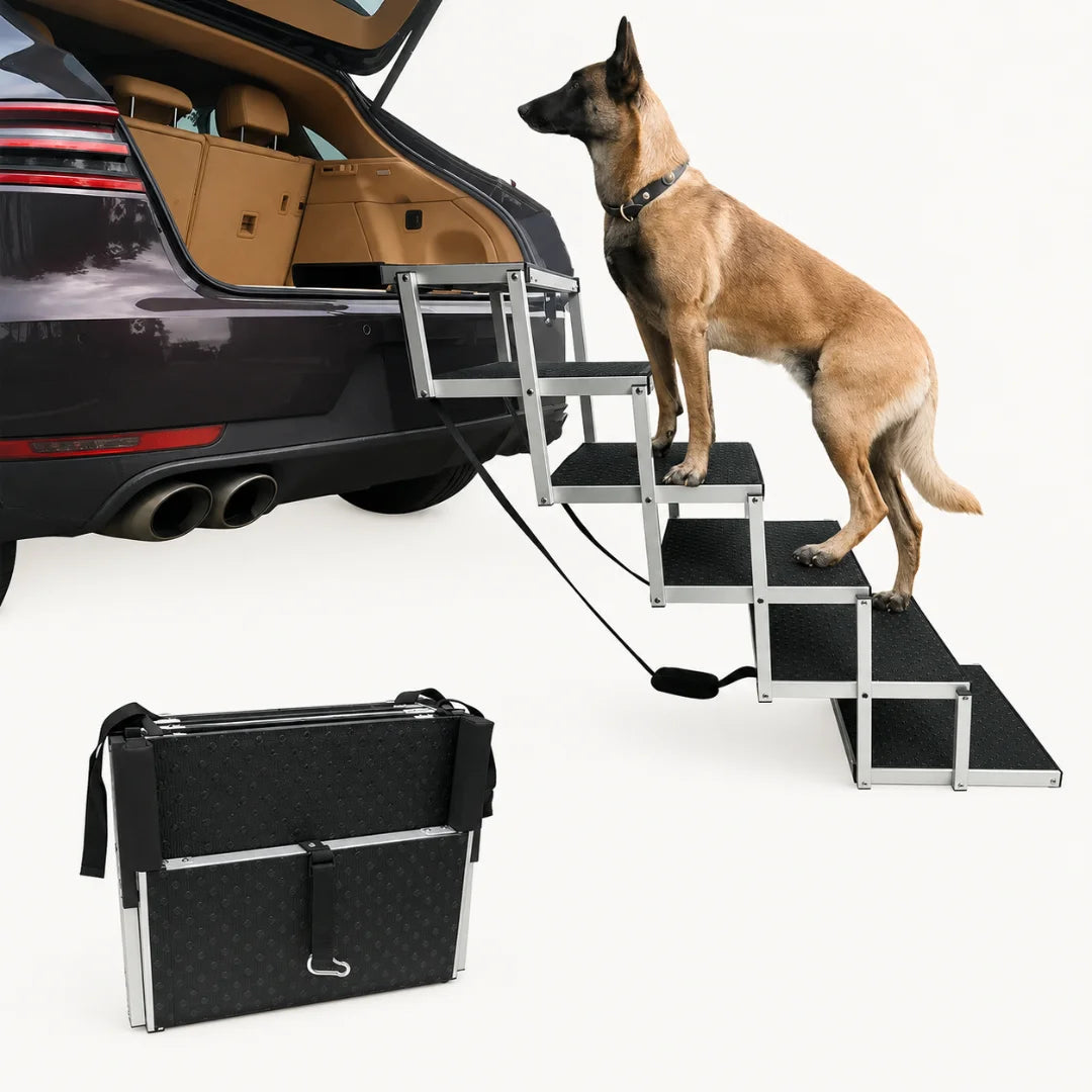 folding aluminum pet staircase attached to the trunk of an SUV, with a second unit shown folded for storage.