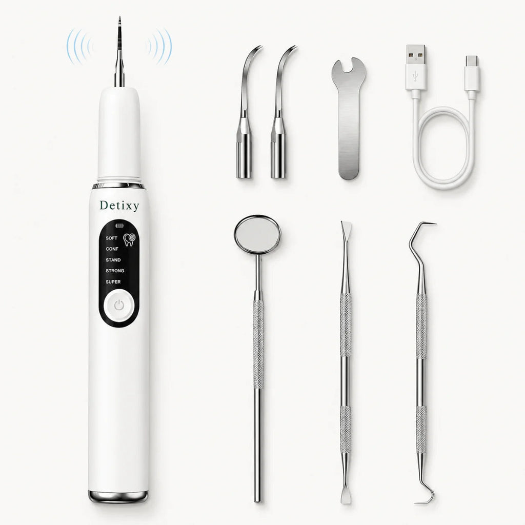 Complete Detixy ultrasonic pet dental cleaning kit layout featuring the main scaler device, charging cable, replacement heads, and manual scraping tools.