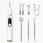 Complete Detixy ultrasonic pet dental cleaning kit layout featuring the main scaler device, charging cable, replacement heads, and manual scraping tools.