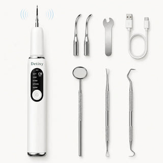 Complete Detixy ultrasonic pet dental cleaning kit layout featuring the main scaler device, charging cable, replacement heads, and manual scraping tools.