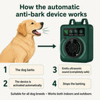 A 4-step infographic explaining how the automatic anti-barking device functions: a dog barks, the device activates