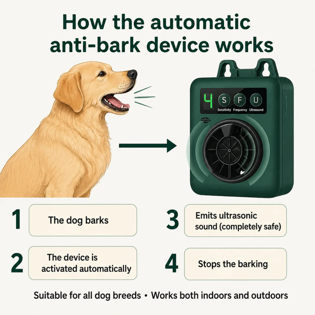 A 4-step infographic explaining how the automatic anti-barking device functions: a dog barks, the device activates