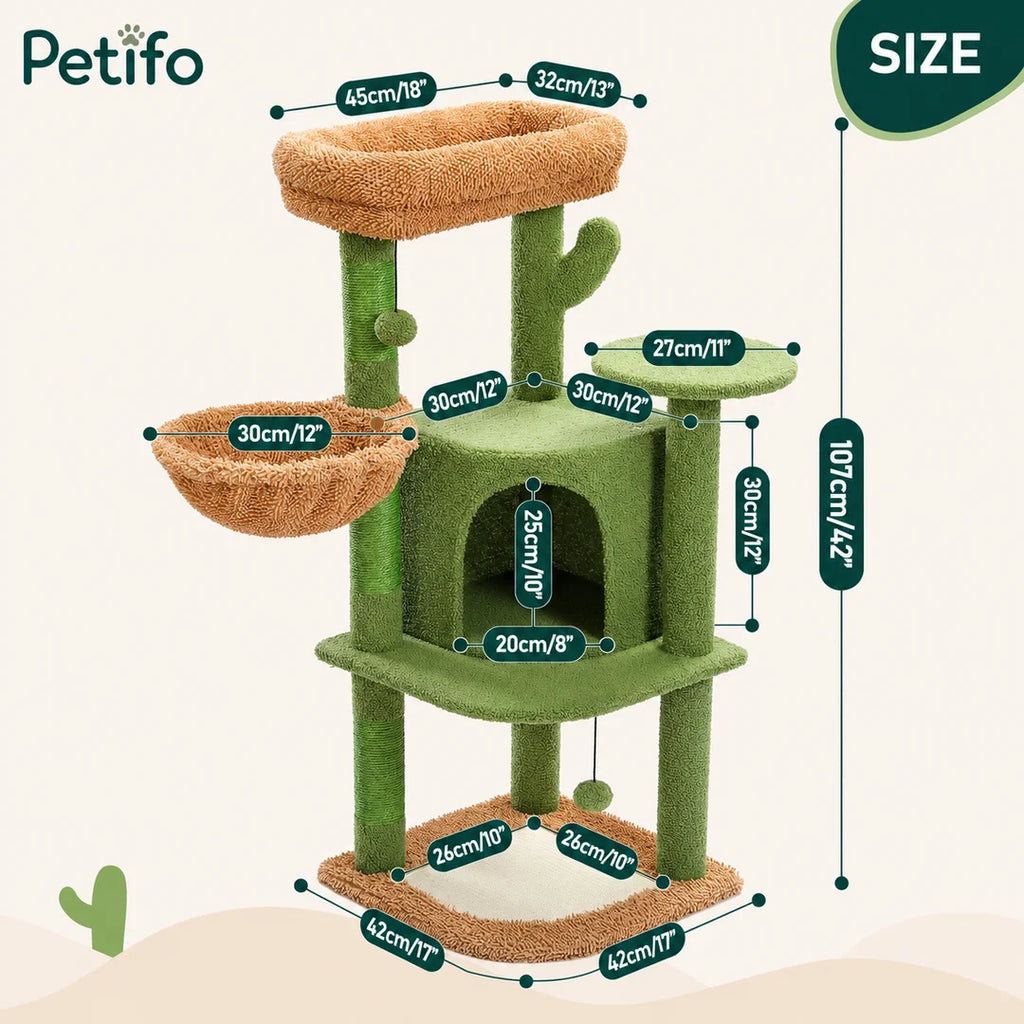 This size diagram for the Petifo cactus cat tree displays all platform and base dimensions in both centimeters and inches.