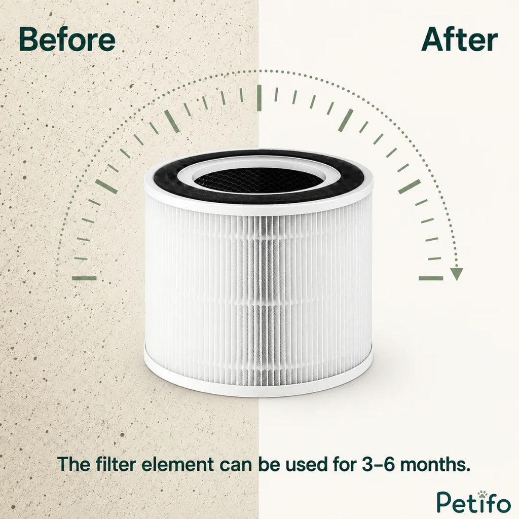 Diagram illustrating the 3–6 month lifespan of the Petifo air purifier replacement filter.