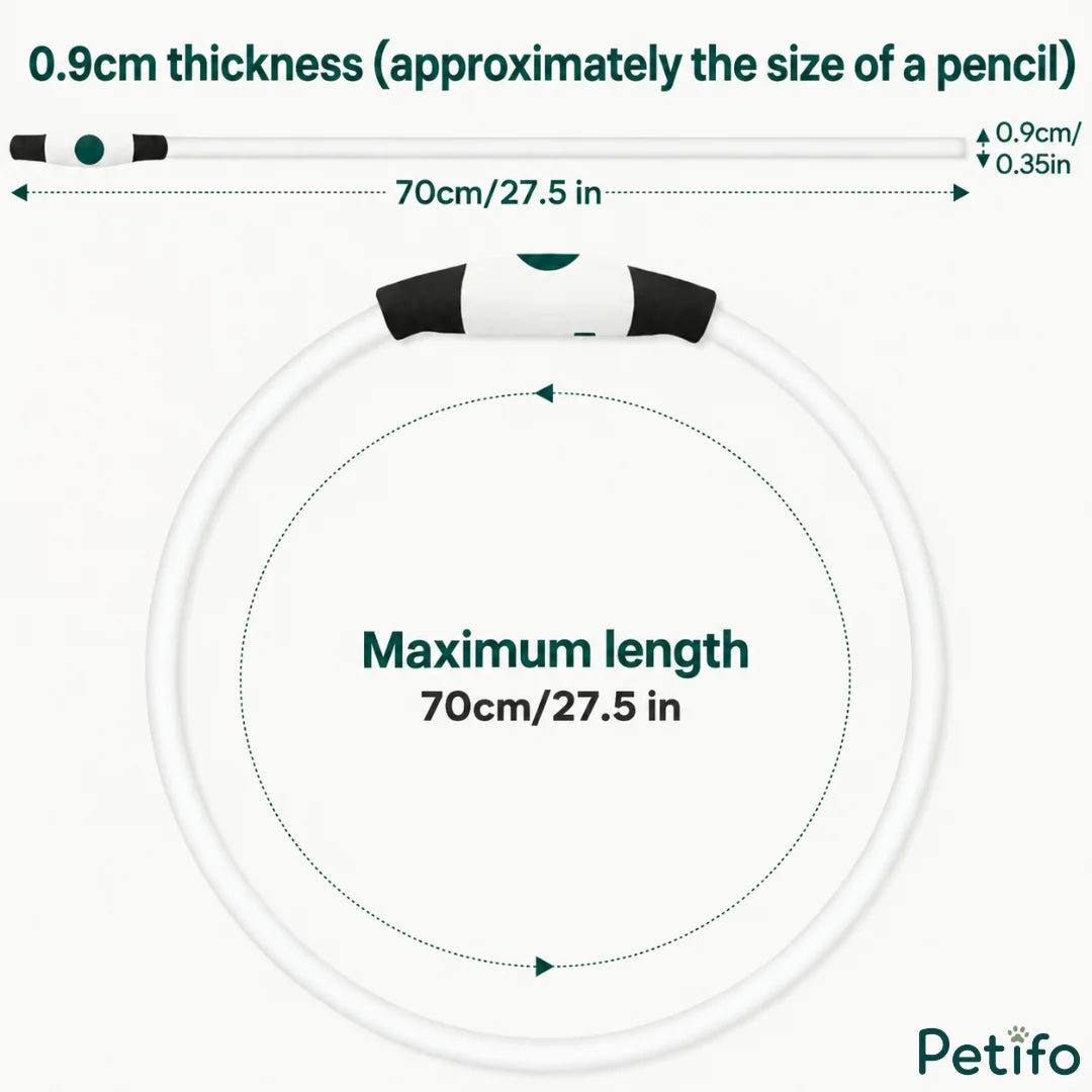 Size and dimension diagram of the glowing dog collar showing a maximum length of 70cm and a thickness of 0.9cm.