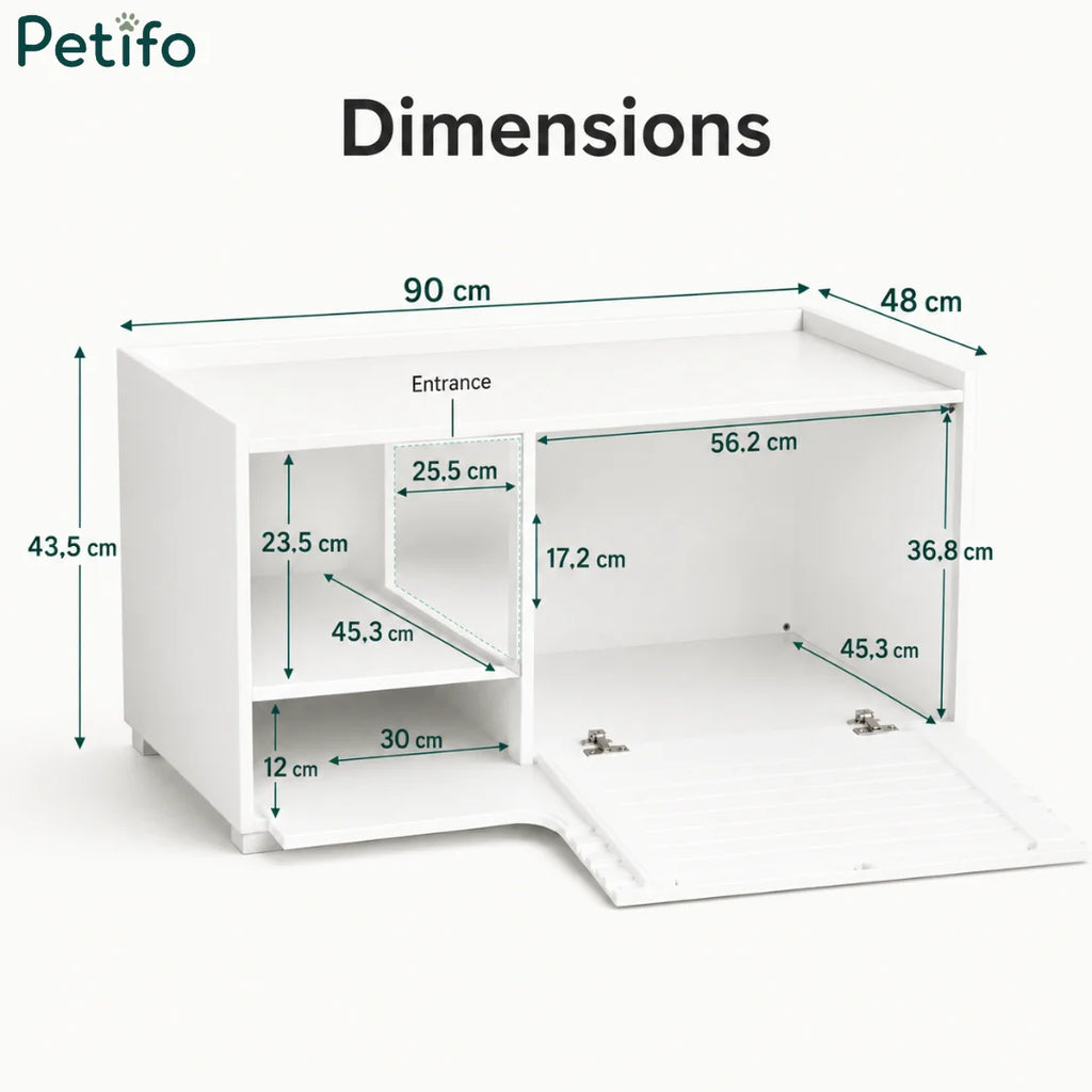 A technical diagram illustrating the external and internal dimensions of the Petifo unit, with a total height of 43.5 cm and width of 90 cm.