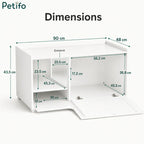 A technical diagram illustrating the external and internal dimensions of the Petifo unit, with a total height of 43.5 cm and width of 90 cm.