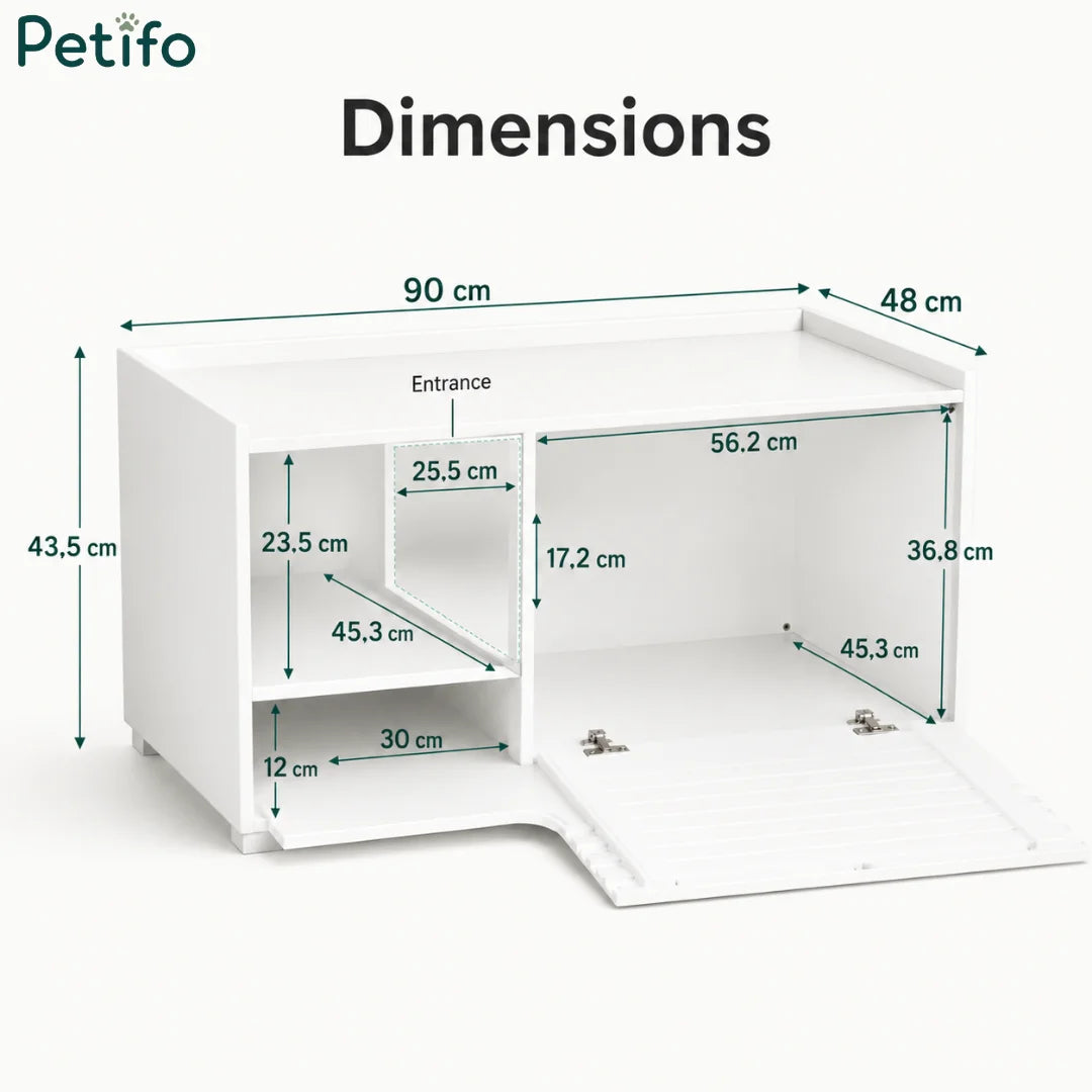 A technical diagram illustrating the external and internal dimensions of the Petifo unit, with a total height of 43.5 cm and width of 90 cm.