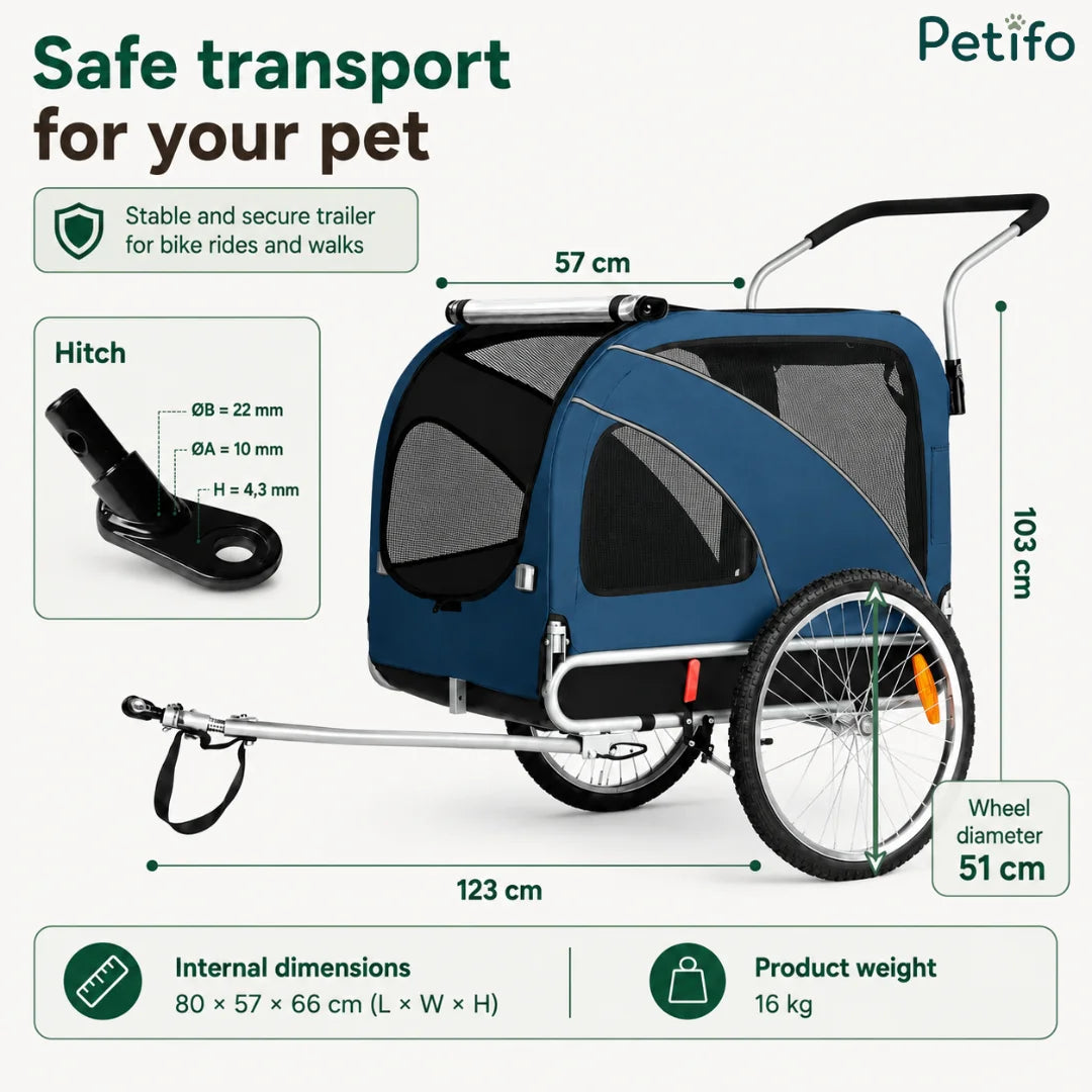 Technical diagram showing Petifo pet trailer dimensions, weight capacity, and hitch specifications.