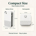 Diagram displaying the compact dimensions of the battery-driven and rechargeable purifier models.