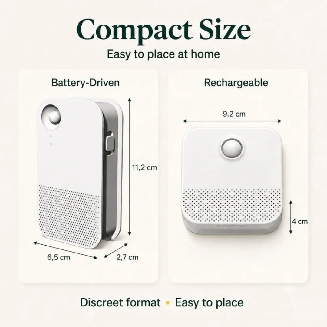 Diagram displaying the compact dimensions of the battery-driven and rechargeable purifier models.