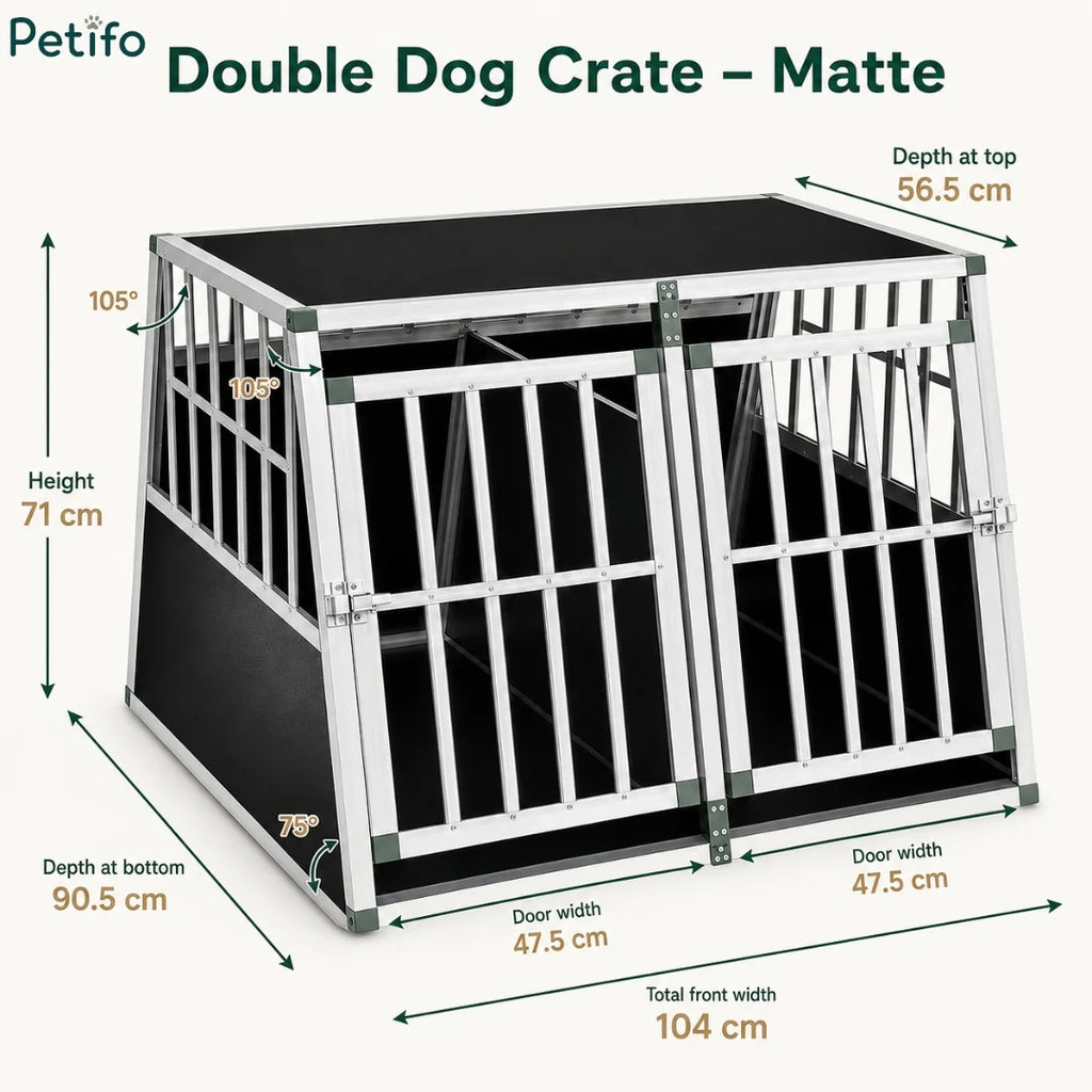 Dimension specifications infographic for the Petifo matte double dog crate.