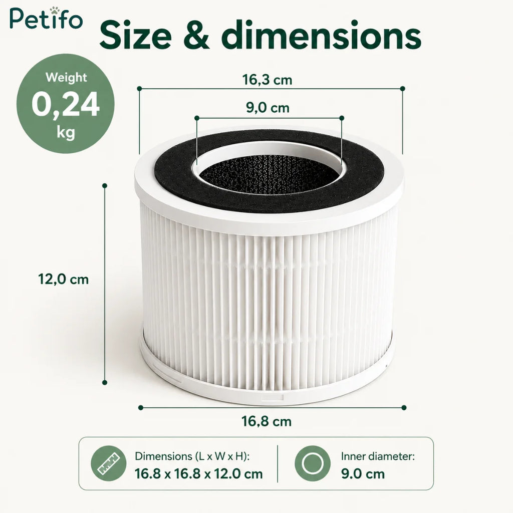 Detailed dimension and weight specifications for the Petifo circular air purifier replacement filter.
