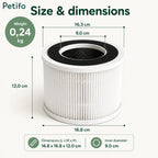 Detailed dimension and weight specifications for the Petifo circular air purifier replacement filter.