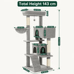 Structural dimension diagram for a 143 cm tall grey cat tower featuring a ramp, two enclosed condos, and a side lounging basket.