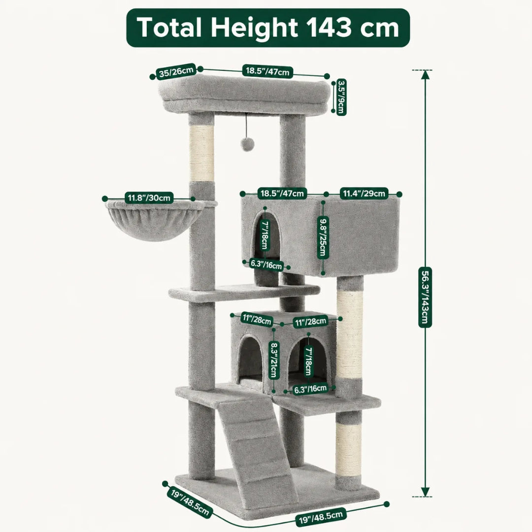 Structural dimension diagram for a 143 cm tall grey cat tower featuring a ramp, two enclosed condos, and a side lounging basket.