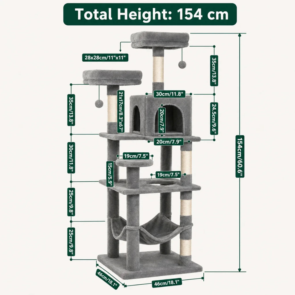 Dimension layout diagram for a 154 cm tall grey multi-level cat activity center with a hanging hammock and scratching posts.