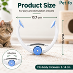 Product dimension overview showing size specs and body thickness compatibility for the interactive cat toy.