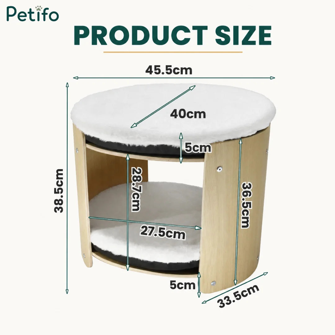 Detailed product dimension diagram for a two-tier cat bed, showcasing height, width, and cushion sizes in centimeters.