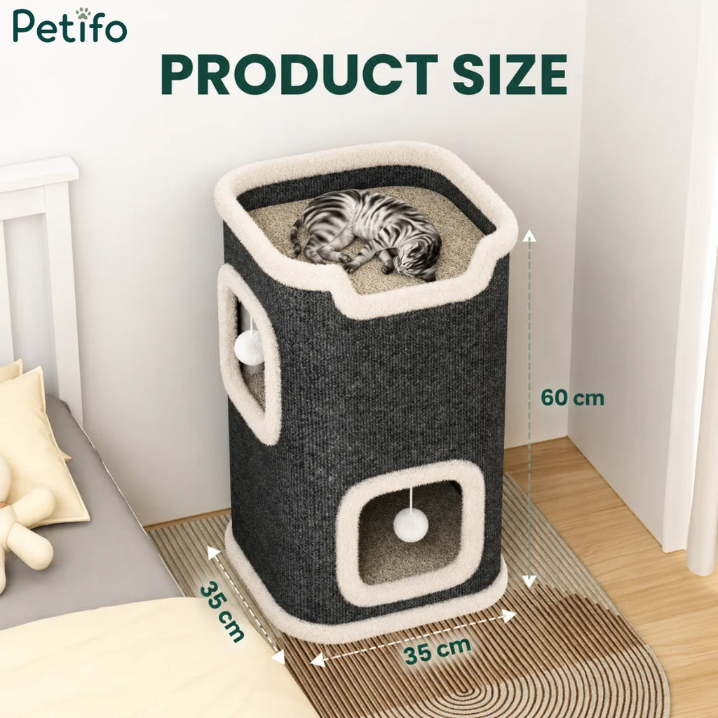 Full product dimension diagram of the Petifo cat house, highlighting a height of 60 cm and a 35 cm by 35 cm footprint.