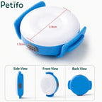 Dimension infographic of the round Petifo LED dog safety light showing side, front, and back views.