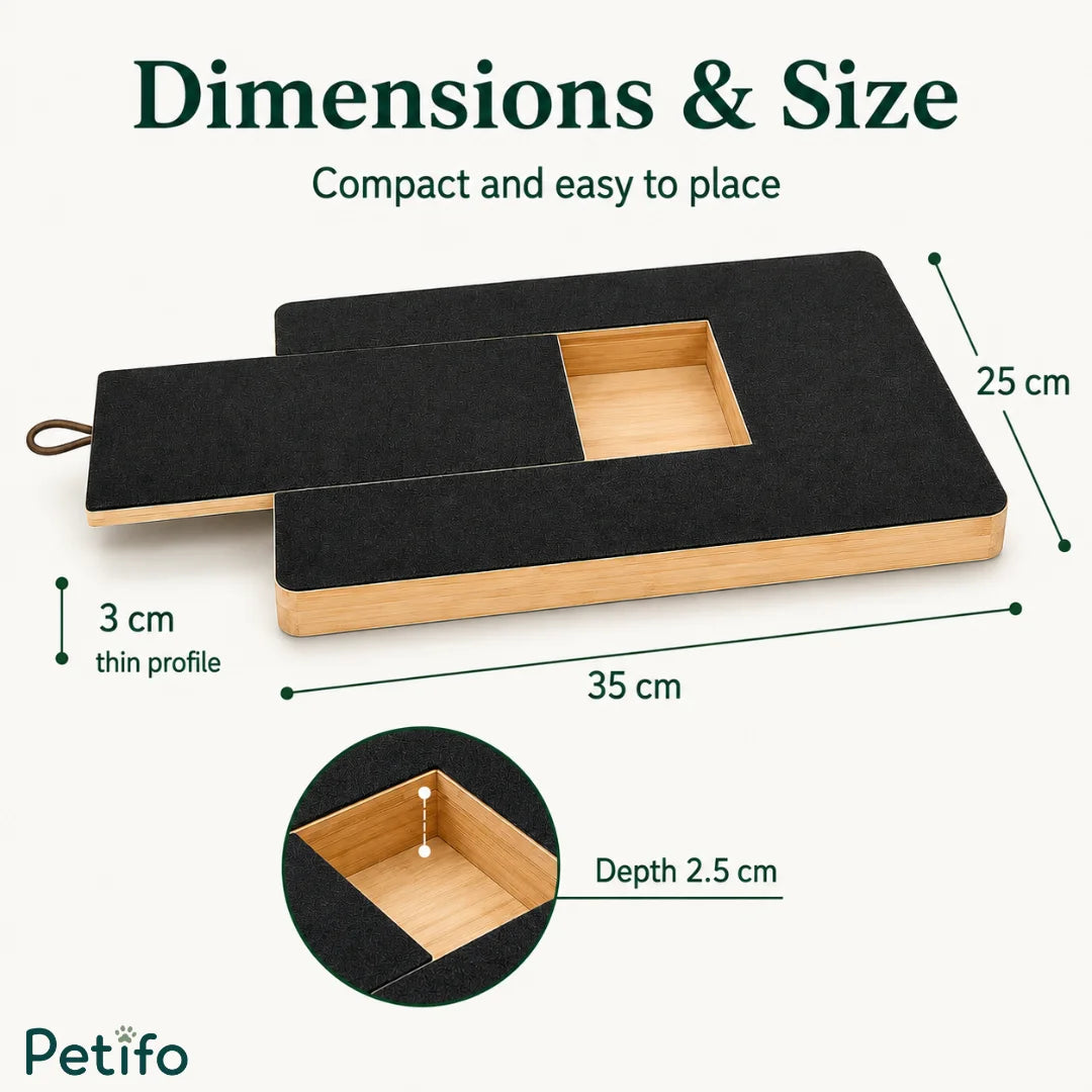 Dimension diagram showing the 35 cm length, 25 cm width, and 3 cm thin profile of the scratch board.
