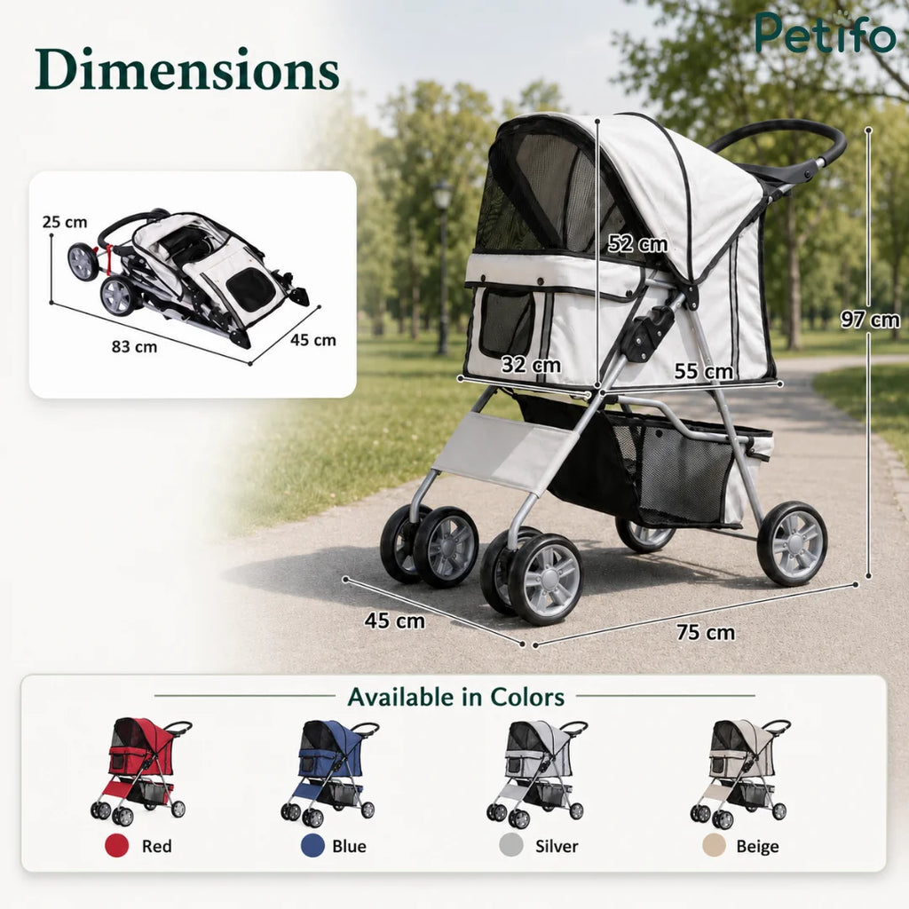 Comprehensive dimension diagram of the Petifo pet stroller, showing assembled height of 97 cm and available color options: Red, Blue, Silver, and Beige.
