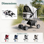 Comprehensive dimension diagram of the Petifo pet stroller, showing assembled height of 97 cm and available color options: Red, Blue, Silver, and Beige.