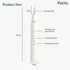 Product dimension diagram of the Petifo Detixy Tooth Cleaner showing a 21cm height, 3cm width, 3cm cleaning tip, ON/OFF mode button, 3 cleaning modes, and charging indicator.